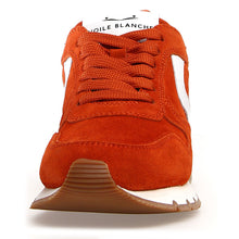 Load image into Gallery viewer, Orange With White And Brown Voile Blanche Women&#39;s Julia Suede And Calf Leather Sneaker Front View
