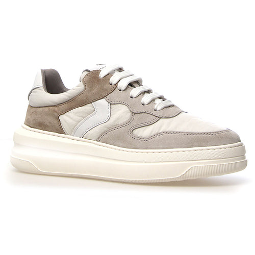 Ice White With Grey And Brown Voile Blanche Women's Lilith Suede And Nylon Sneaker Profile View