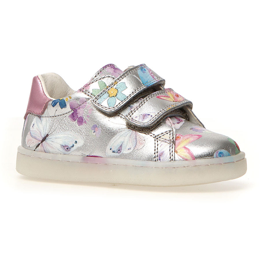 Mirror Silver With Flower And Butterfly Print And White Sole Naturino Girl's Owie VL Metallic Leather Double Velcro Strap Casual Sneaker Sizes 25 to 26 Profile View