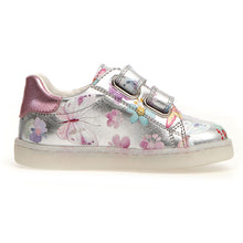 Load image into Gallery viewer, Mirror Silver With Flower And Butterfly Print And White Sole Naturino Girl&#39;s Owie VL Metallic Leather Double Velcro Strap Casual Sneaker Sizes 25 to 26 Side View
