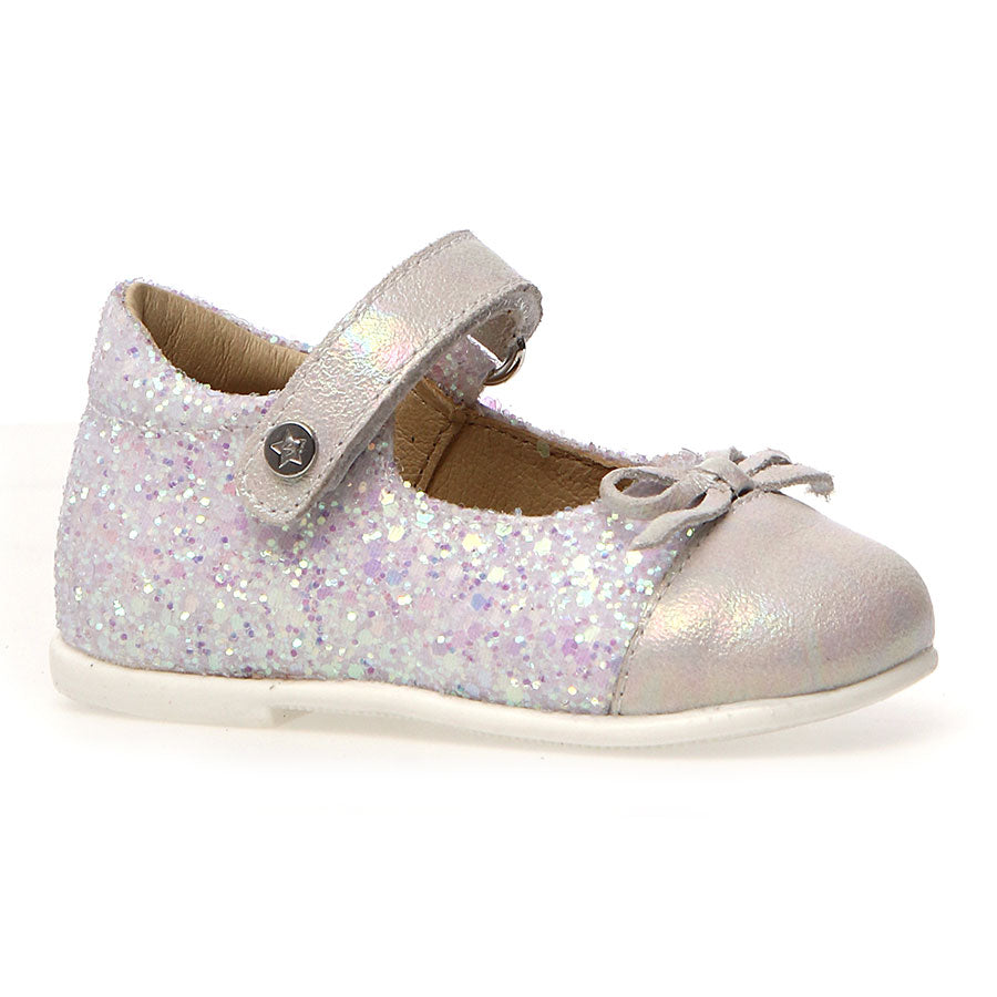 Purple Iridescent With White Sole Naturino Infant's Salleny Glittery Leather WIth Iridescent Beige Cap Toe And Strap Mary Jane Sizes 20 to 24 Profile View