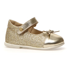 Load image into Gallery viewer, Gold With Beige Sole Naturino Infant&#39;s Salleny Glittery Leather With Metallic Cap Toe And Strap Mary Jane Sizes 20 to 24 Profile View
