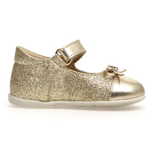 Load image into Gallery viewer, Gold With Beige Sole Naturino Infant&#39;s Salleny Glittery Leather With Metallic Cap Toe And Strap Mary Jane Sizes 20 to 24 Side View
