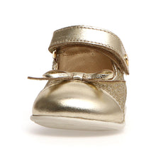 Load image into Gallery viewer, Gold With Beige Sole Naturino Infant&#39;s Salleny Glittery Leather With Metallic Cap Toe And Strap Mary Jane Sizes 20 to 24 Front View
