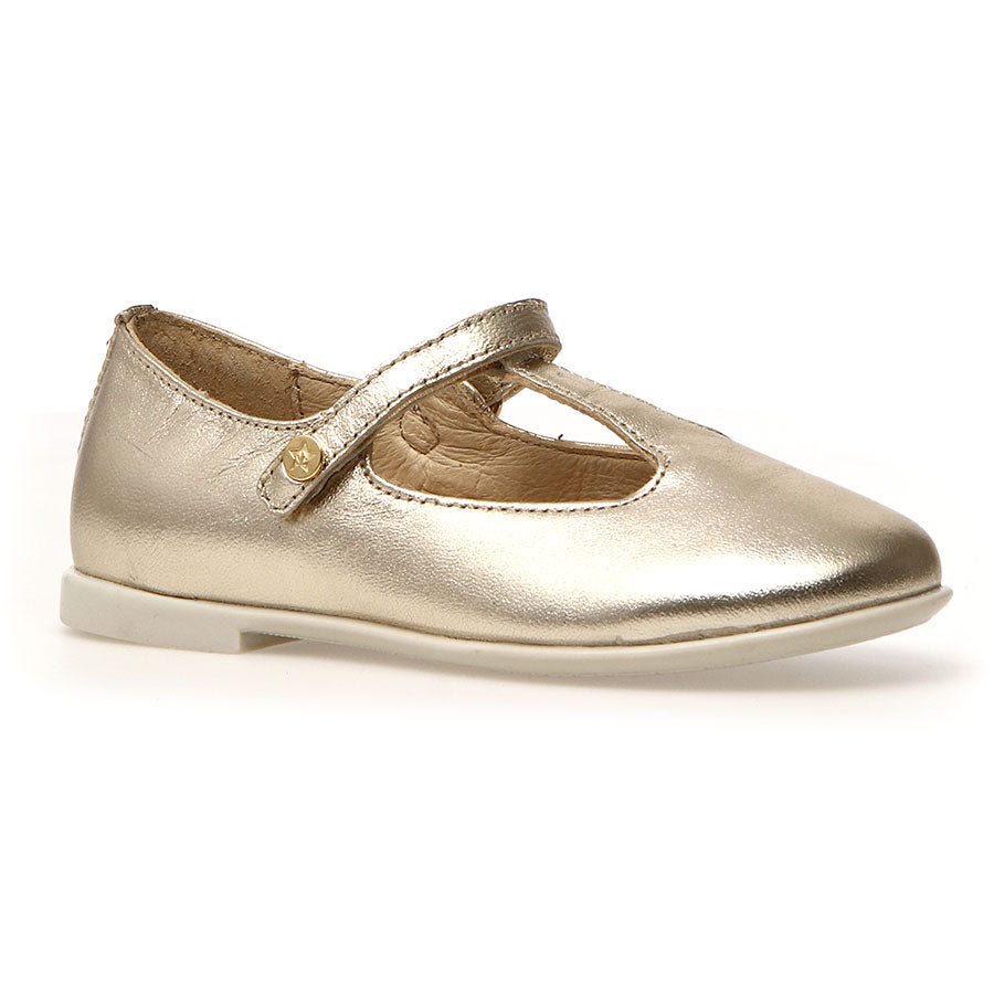 Platinum Gold Naturino Girl's Quincis Metallic Leather T Strap Mary Jane Sizes 27 to 29 Profile View