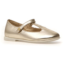 Load image into Gallery viewer, Platinum Gold Naturino Girl&#39;s Quincis Metallic Leather T Strap Mary Jane Sizes 30 to 32 Profile View
