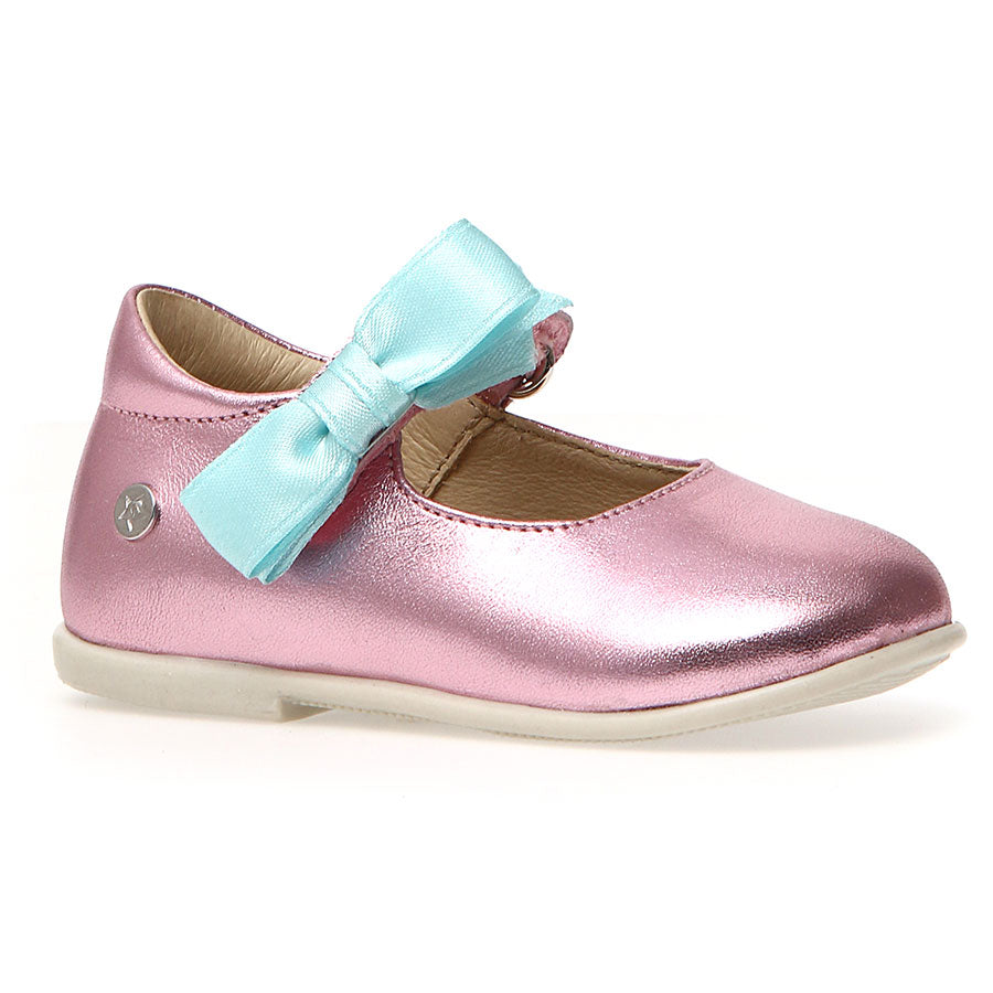 Pink With Beige Sole Naturino Infant's Clarinta Metallic Leather Mary Jane With Light Blue Bow Ornament Sizes 20 to 25 Profile View