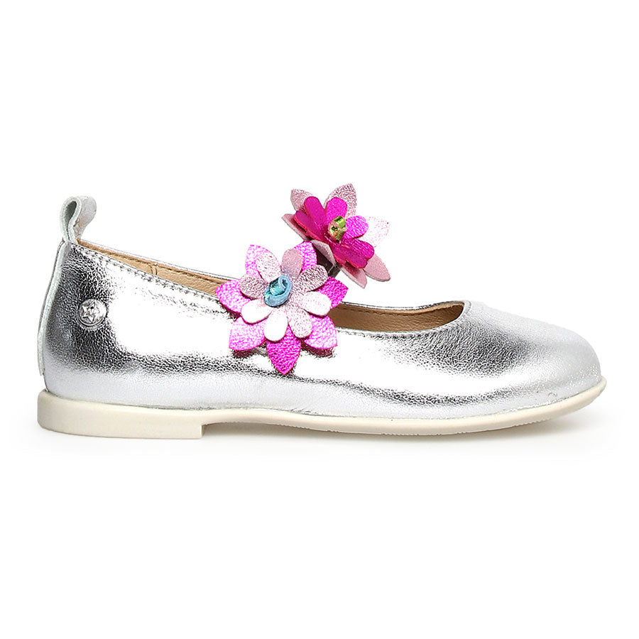 Lux Silver With White Sole Naturino Girl's Nigolette Metallic Leather Ballerina With Glittery Flower Ornaments Sizes 25 to 26 Side View