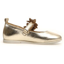 Load image into Gallery viewer, Platinum Gold With White Sole Naturino Girl&#39;s Nigolette Metallic Leather Ballerina With Glittery Flower Ornaments Sizes 27 to 29 Side View
