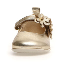 Load image into Gallery viewer, Platinum Gold With White Sole Naturino Girl&#39;s Nigolette Metallic Leather Ballerina With Glittery Flower Ornaments Sizes 27 to 29 Front View
