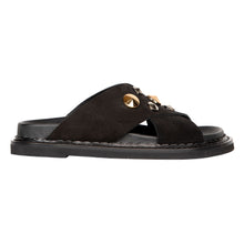 Load image into Gallery viewer, Black Homers Women&#39;s 20912 Suede Cross Strap Slide Sandal With Gold And Silver Studs
