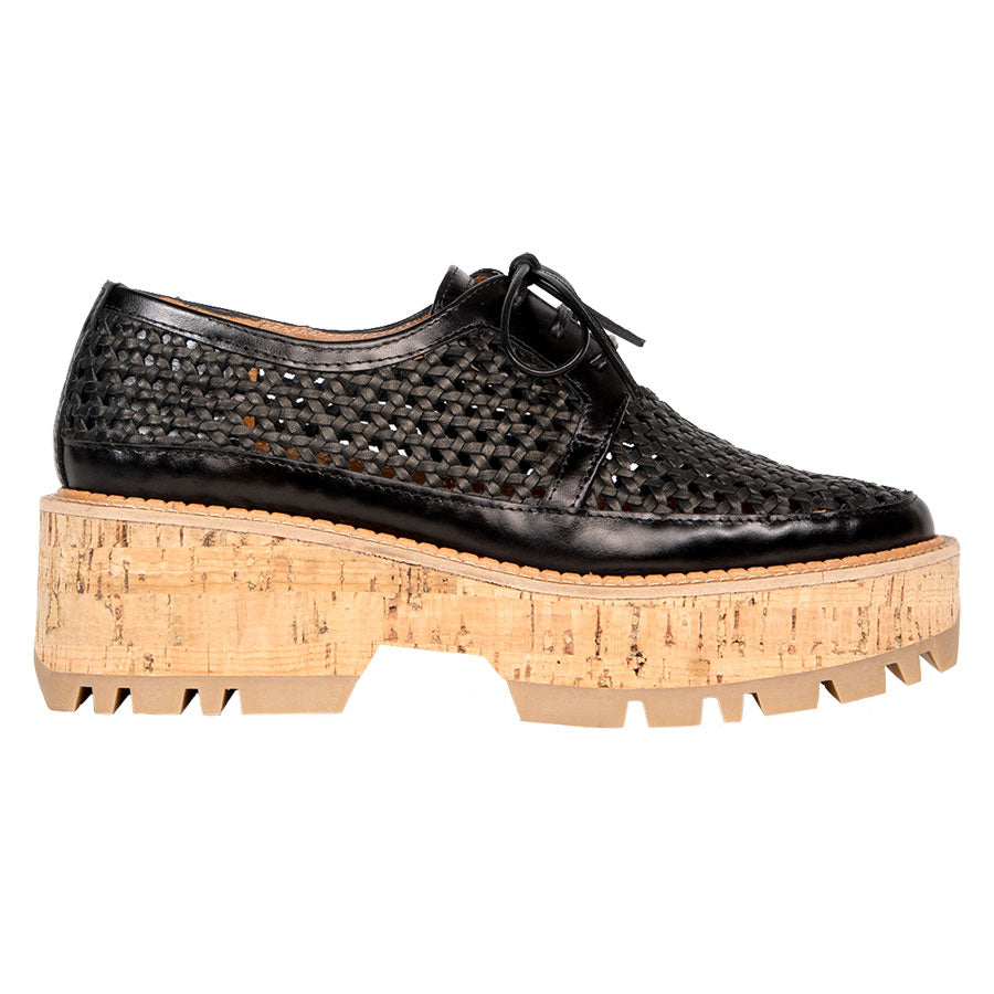 Black With Tan Sole Homers Women's 21016 Braided Leather Platform Oxford