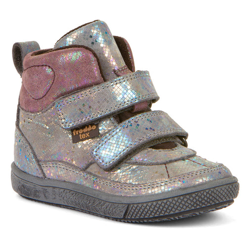 Grey With Dark Pink And Grey Sole Froddo Infant's Trento Tex Waterproof Metallic Leather Double Strap Ankle Bootie Sizes 20 to 27 Profile View