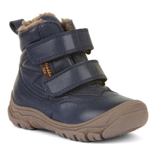 Load image into Gallery viewer, Dark Blue With Brown Sole Froddo Boy&#39;s Linz Wool Tex Baby Waterproof Leather Double Velcro Strap Bootie Sizes 26 to 30 Profile View
