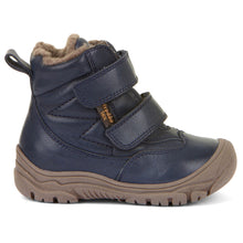 Load image into Gallery viewer, Dark Blue With Brown Sole Froddo Boy&#39;s Linz Wool Tex Baby Waterproof Leather Double Velcro Strap Bootie Sizes 26 to 30 Side View
