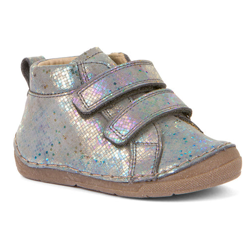 Silver With Tan Sole Froddo Infant's Paix Velcro Double Strap Fluorescent Leather Bootie Sizes 20 to 24 Profile View
