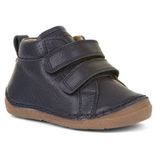 Load image into Gallery viewer, Dark Blue With Tan Sole Froddo Infant&#39;s Paix Velcro Double Strap Leather Bootie Sizes 20 to 24 Profile View
