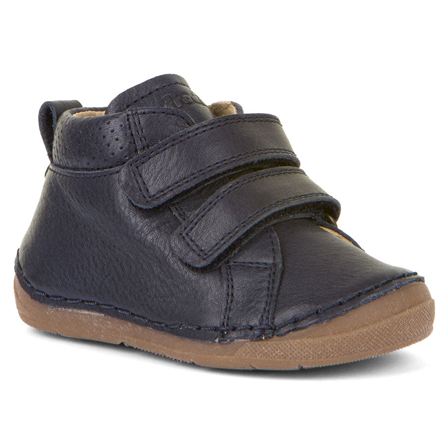 Dark Blue With Tan Sole Froddo Infant's Paix Velcro Double Strap Leather Bootie Sizes 20 to 24 Profile View
