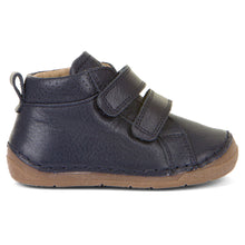 Load image into Gallery viewer, Dark Blue With Tan Sole Froddo Infant&#39;s Paix Velcro Double Strap Leather Bootie Sizes 20 to 24 Side View

