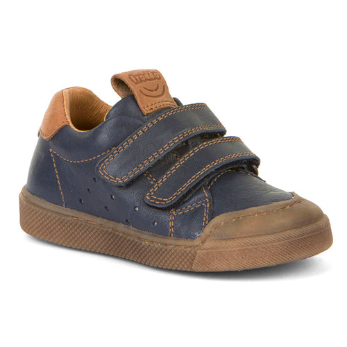 Dark Blue With Tan Froddo Boy's Rosario Velcro Leather Double Strap Casual Sneaker Sizes 25 to 30 Profile View