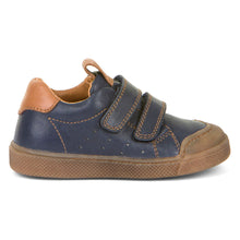 Load image into Gallery viewer, Dark Blue With Tan Froddo Boy&#39;s Rosario Velcro Leather Double Strap Casual Sneaker Sizes 25 to 30 Side View
