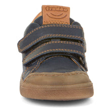 Load image into Gallery viewer, Dark Blue With Tan Froddo Boy&#39;s Rosario Velcro Leather Double Strap Casual Sneaker Sizes 25 to 30 Front View
