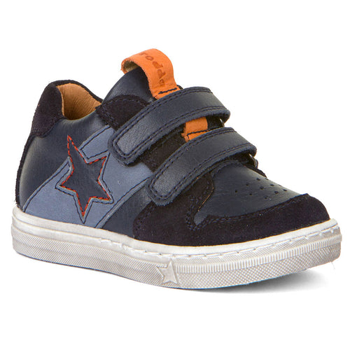 Dark Blue And Blue And Orange With White Sole Froddo Boy's Dolby Leather And Suede Double Velcro Strap Casual Sneaker Sizes 26 to 30 Profile View
