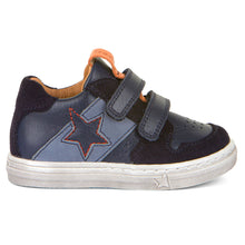 Load image into Gallery viewer, Dark Blue And Blue And Orange With White Sole Froddo Boy&#39;s Dolby Leather And Suede Double Velcro Strap Casual Sneaker Sizes 26 to 30 Side View
