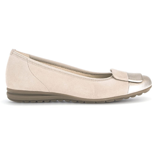 Oak Beige With Brown Sole Gabor Women's 22624 Suede And Silver Metallic Leather Cap Toe Ballet Flat Side View