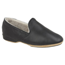 Load image into Gallery viewer, Black Draper Of Glastonbury Men&#39;s Albert Leather Closed Back Slipper Sheepskin Lined Profile View
