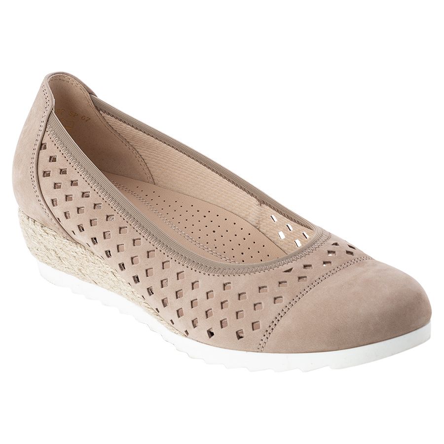 Taupe Light Brown With White Sole Gabor Women's 22642 Nubuck With Square Cut Outs Ballet Flat