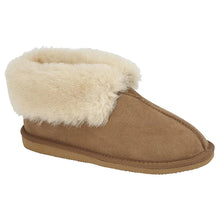 Load image into Gallery viewer, Spice Brown Draper of Glastonbury Women&#39;s Camilla Suede Slipper Shearling Lined Folding Collar Profile View
