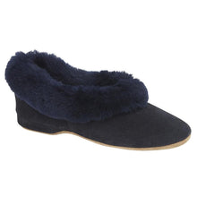 Load image into Gallery viewer, Navy Draper Of Glastonbury Janette Suede Slippers Sheepskin Collar Profile View
