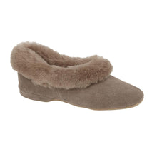 Load image into Gallery viewer, Nut Brownish Grey Of Glastonbury Janette Suede Slippers Sheepskin Collar Profile View
