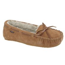 Load image into Gallery viewer, Spice Tan Draper Of Glastonbury Women&#39;s Daisy Suede Moccasin Slipper Shearling Lined Profile View
