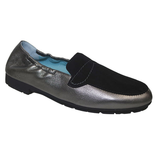 Pewter And Black Thierry Rabotin Women's Metallic Leather And Suede Penny Loafer