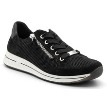 Load image into Gallery viewer, Black With White Sole Ara Women&#39;s Oleanna Leather And Fabric Casual Sneaker Profile View
