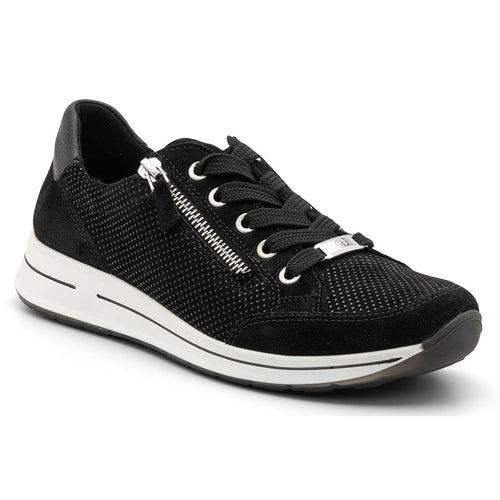 Black With White Sole Ara Women's Oleanna Leather And Fabric Casual Sneaker Profile View