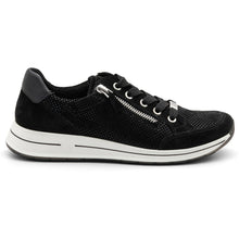 Load image into Gallery viewer, Black With White Sole Ara Women&#39;s Oleanna Leather And Fabric Casual Sneaker Side View
