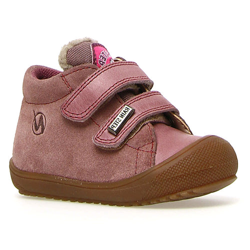Rose Pink With Brown Sole Naturino Infant's Brant VL Waterproof Leather And Suede Double Velcro Strap Bootie Sizes 22 to 26