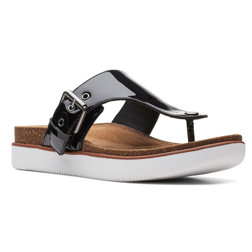 Black With White Sole Clarks Women's Elayne Step Patent Thong Sandal