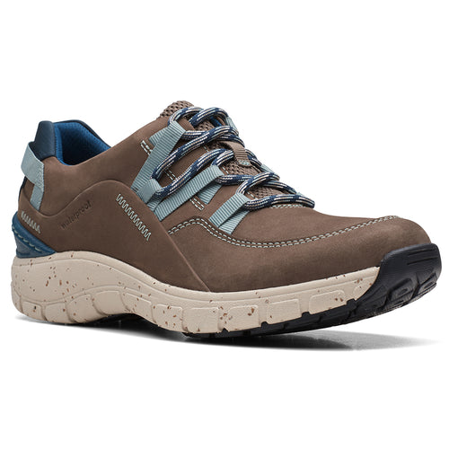Taupe Brown With Blue And Beige Sole Clarks Women's Wave Range Waterproof Nubuck Outdoor Shoe Profile View