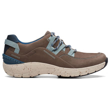 Load image into Gallery viewer, Taupe Brown With Blue And Beige Sole Clarks Women&#39;s Wave Range Waterproof Nubuck Outdoor Shoe Side View
