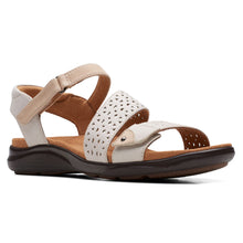 Load image into Gallery viewer, White And Beige With Black Sole Clarks Women&#39;s Kitly Way Quarter Strap Leather With Cut Outs Sandal Flat Profile View

