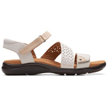 Load image into Gallery viewer, White And Beige With Black Sole Clarks Women&#39;s Kitly Way Quarter Strap Leather With Cut Outs Sandal Flat Side View
