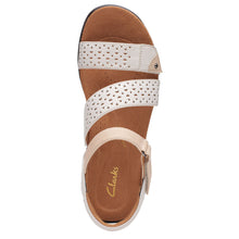Load image into Gallery viewer, White And Beige With Black Sole Clarks Women&#39;s Kitly Way Quarter Strap Leather With Cut Outs Sandal Flat Top View
