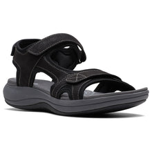 Load image into Gallery viewer, Black With Grey Clarks Women&#39;s Mira Bay Synthetic And Textile Sporty Sandal Profile View
