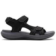 Load image into Gallery viewer, Black With Grey Clarks Women&#39;s Mira Bay Synthetic And Textile Sporty Sandal Side View
