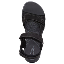 Load image into Gallery viewer, Black With Grey Clarks Women&#39;s Mira Bay Synthetic And Textile Sporty Sandal Top View
