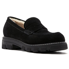 Load image into Gallery viewer, Black La Canadienne Women&#39;s Darcy Waterproof Suede Shearling Lined Loafer Profile View
